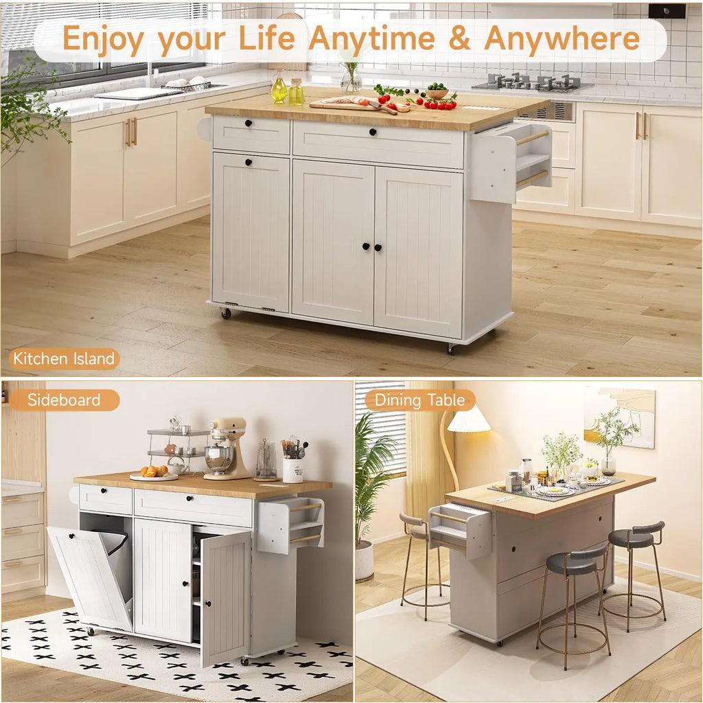 60" Mobile Kitchen Islands Table Drop Leaf with Power Outlet