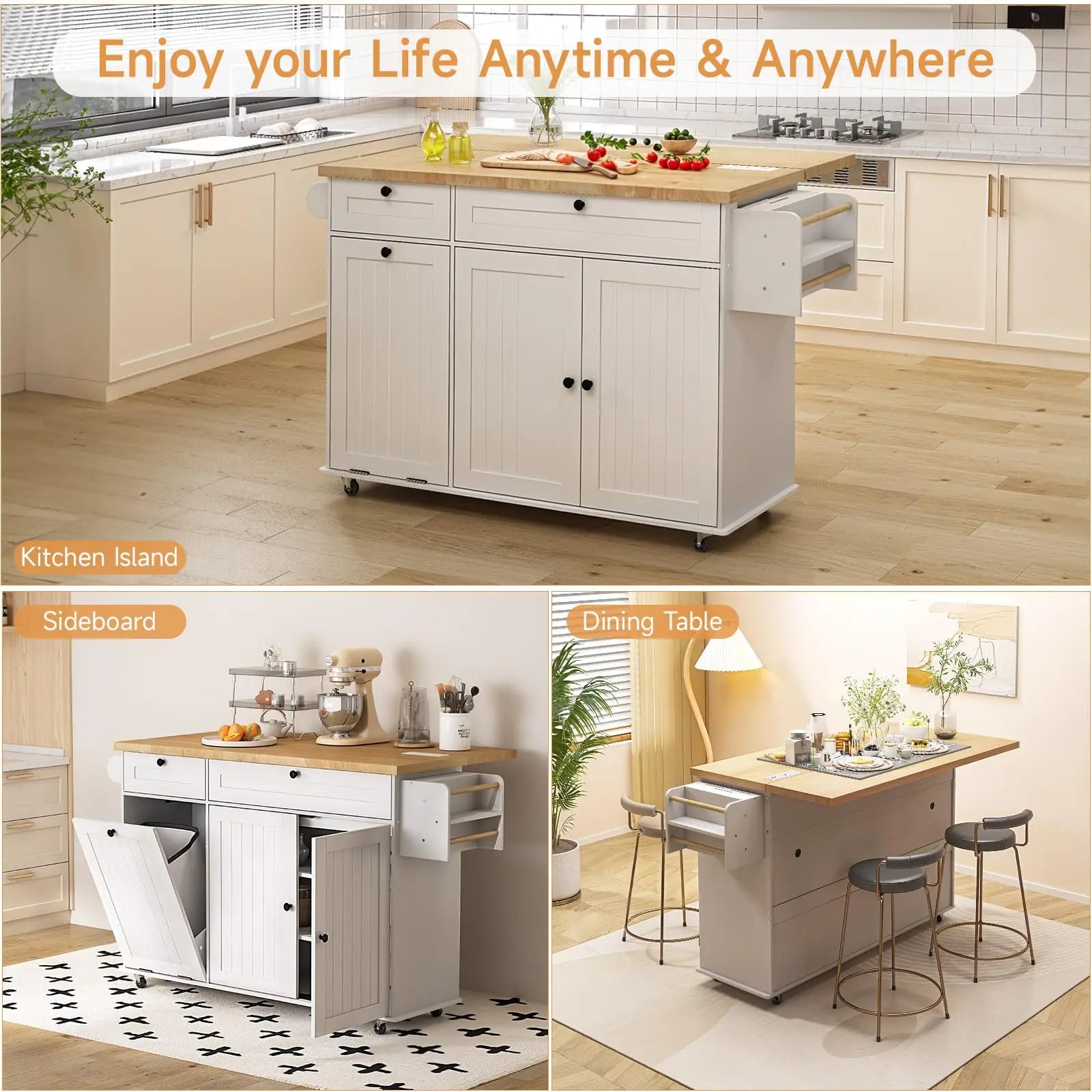 60" Mobile Kitchen Islands Table Drop Leaf with Power Outlet