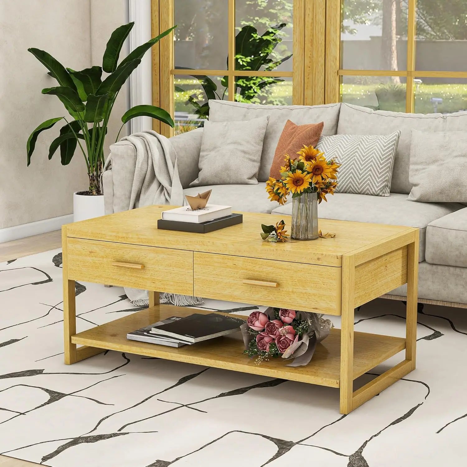 Sensor Light Storage Coffee Table with Drawers