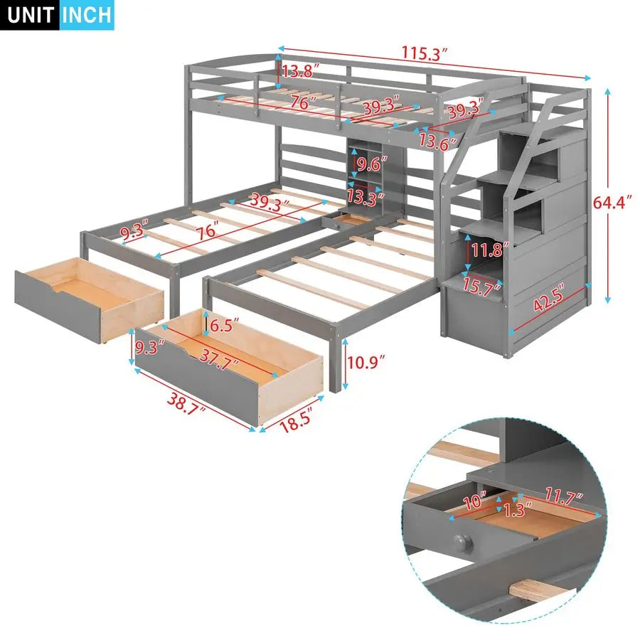 Triple Bunk Beds with Stairs and Storage Drawers