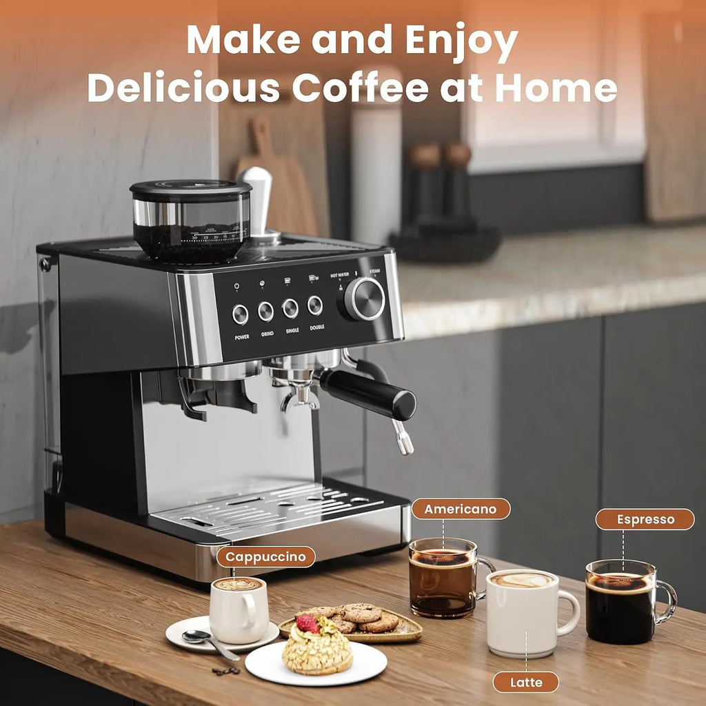 Espresso Coffee Machine with Grinder & Milk Frother Steam Wand,