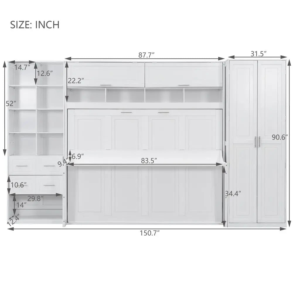 Queen Size Horizontal Murphy Bed with Desk, Folding Murphy Bed Cabinet with Wardrobe Storage Drawers and Shelves, Hideaway Wall