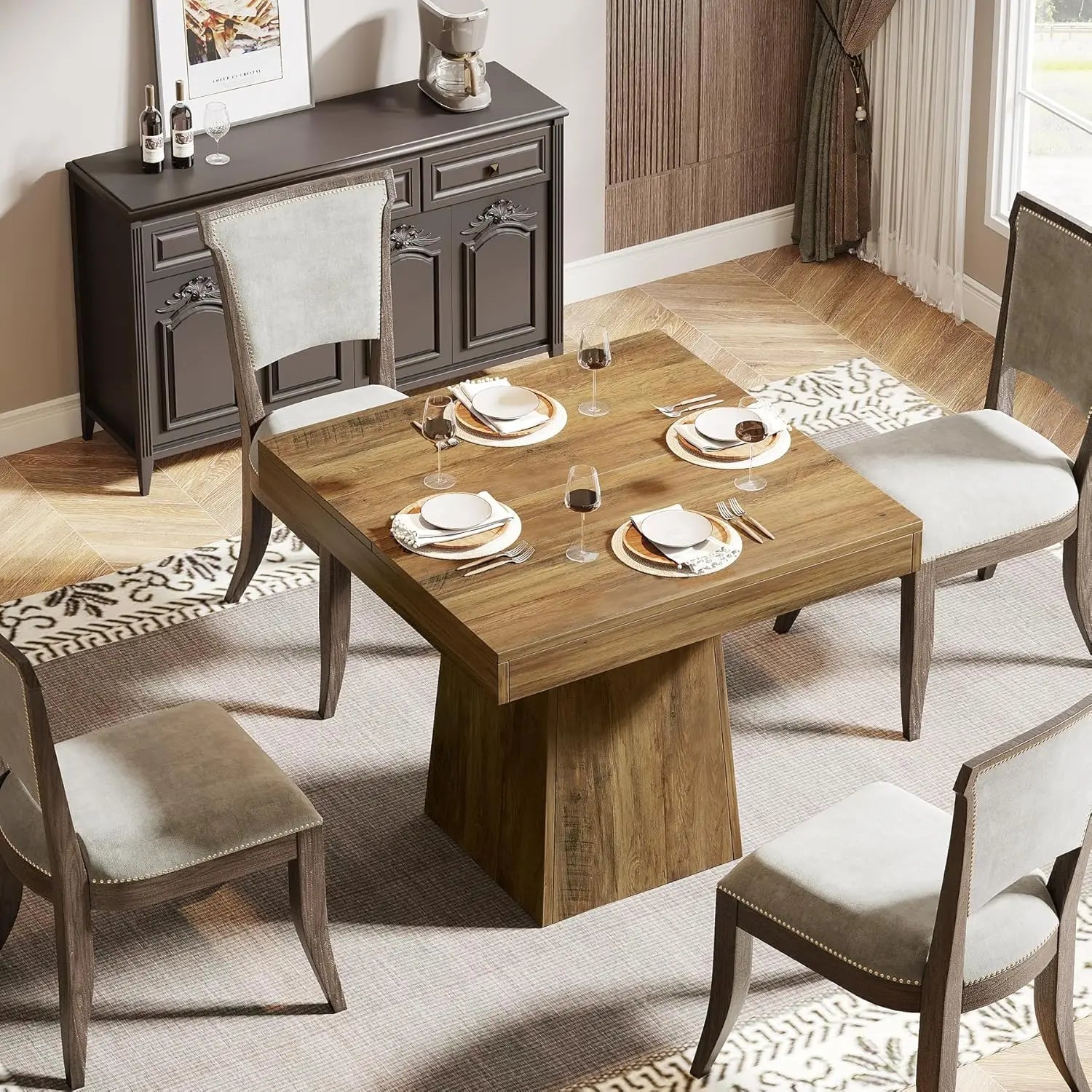 Square Dining Table for 4 with Sturdy Pedestal Base