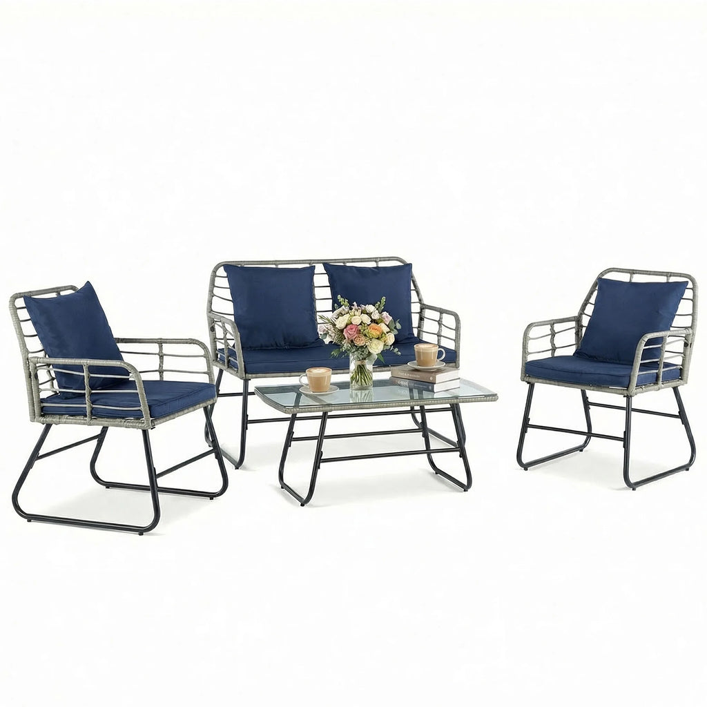 Outdoor Wicker Patio Furniture Set 4 with Soft Cushion and Glass Table