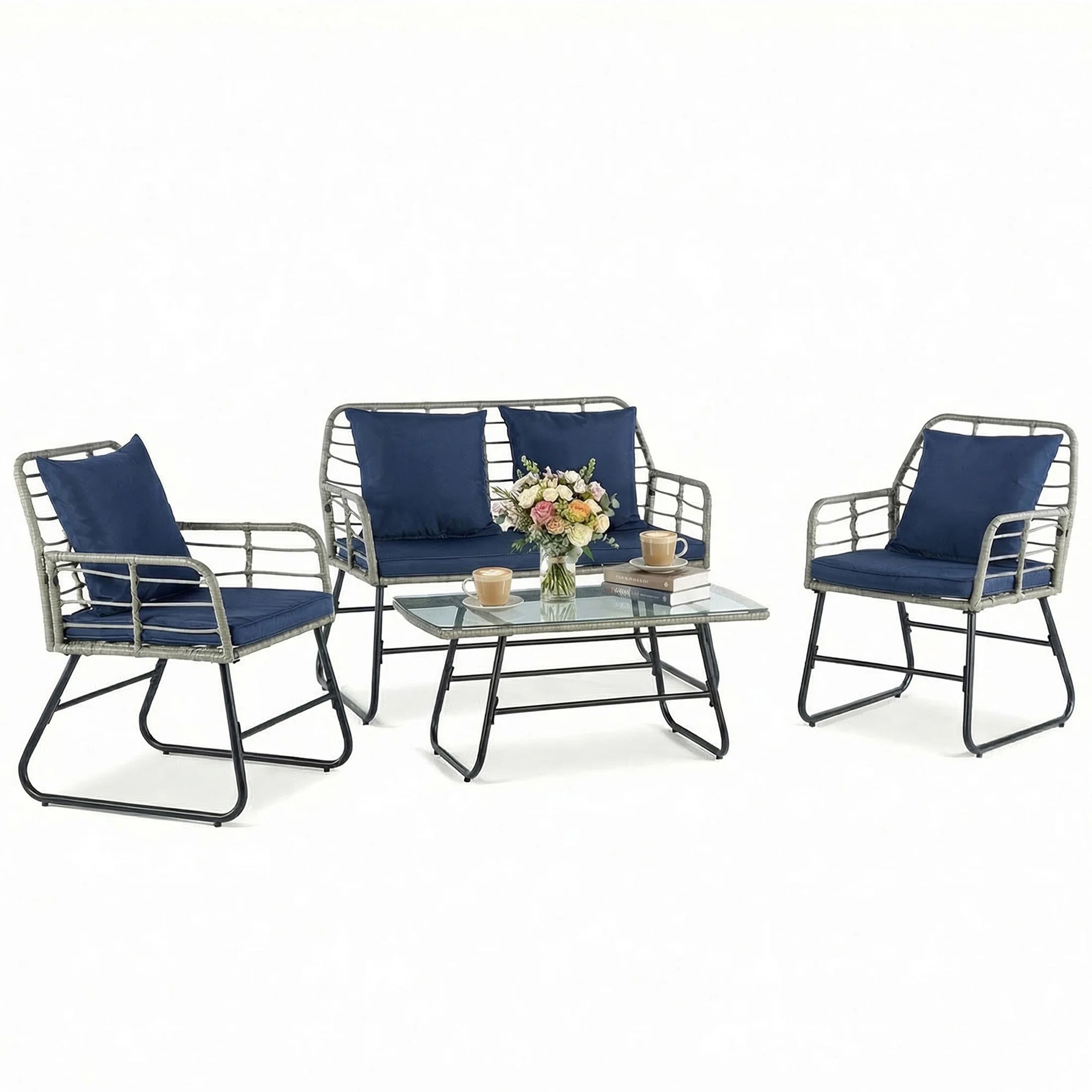 Outdoor Wicker Patio Furniture Set 4 with Soft Cushion and Glass Table