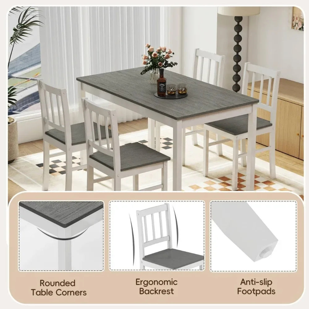 Dining Set for 4, Solid Wood Table & 4 Chairs