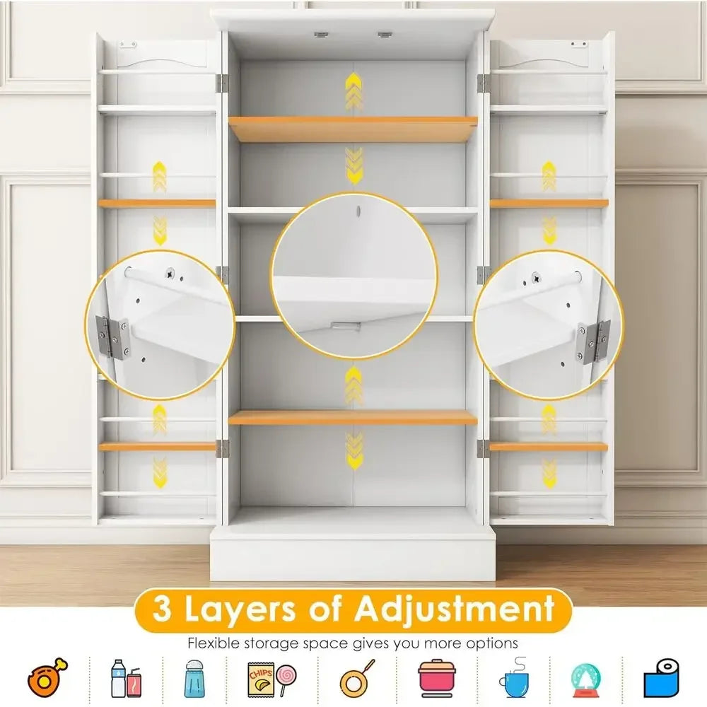 White Freestanding Kitchen Pantry Cabinet with Adjustable Shelves