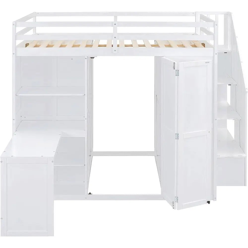 Full Size Loft Bed with Desk, Stairs, Wardrobe, Bookshelf, White for Bedroom or Study in Small Spaces