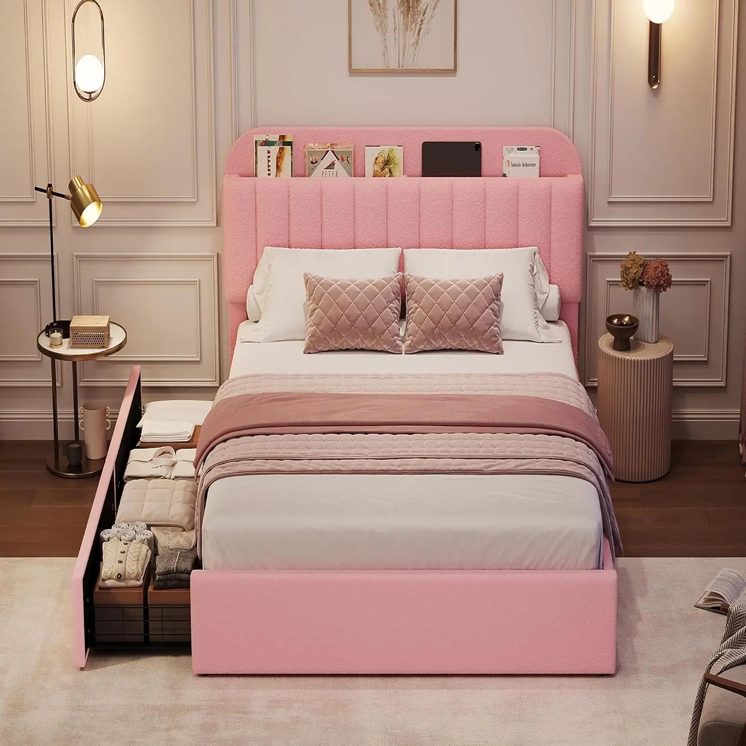 Twin XL Bed Frame with Bookcase Headboard