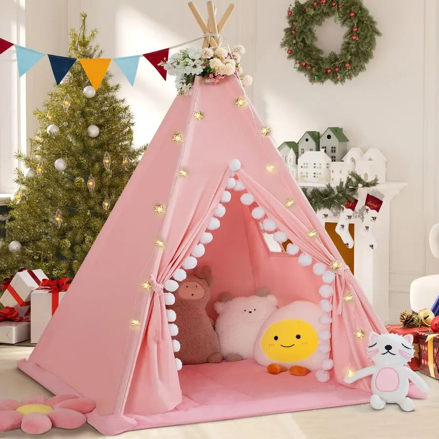 Padded Mat Cotton Canvas Kids Tent with Pompom