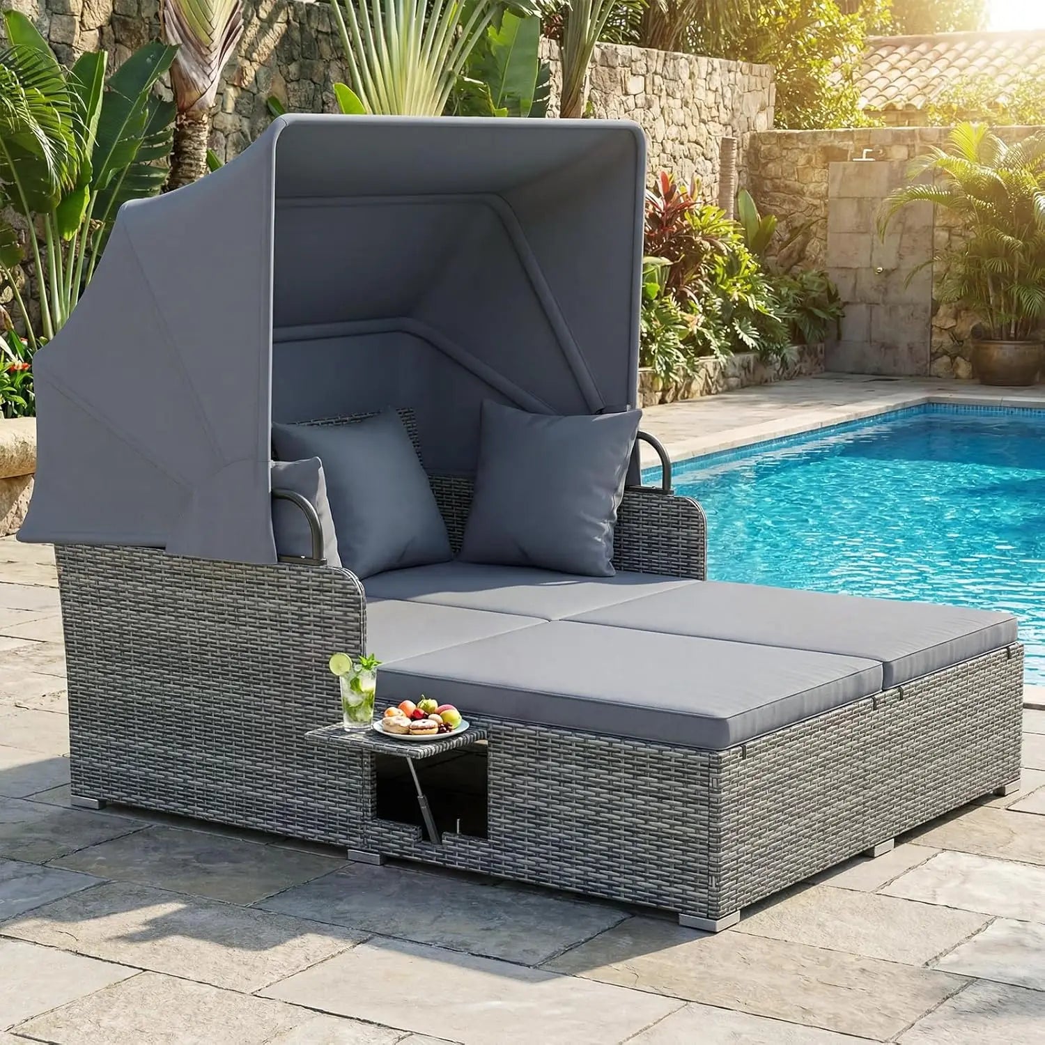 Outdoor Canopy Daybed Rattan Lounge w/Cushions & Pillows