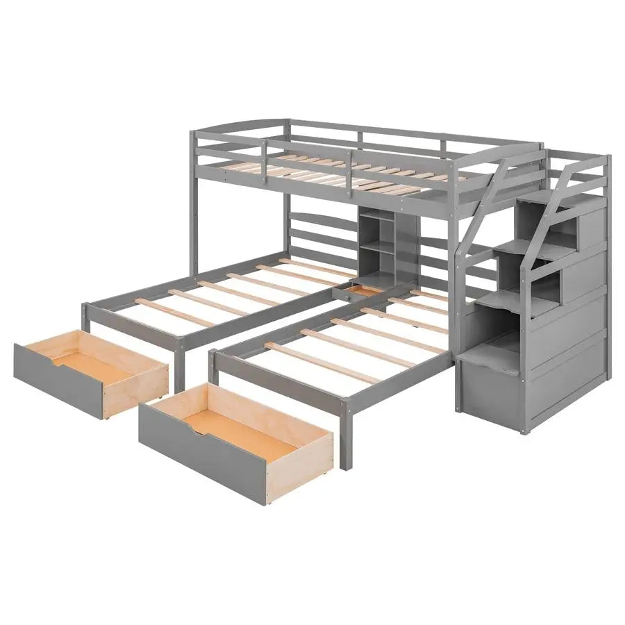 Triple Bunk Beds with Stairs and Storage Drawers