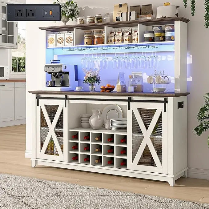 Farmhouse Coffee Wine Buffet Cabinet with LED