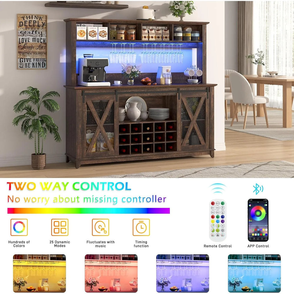 Farmhouse Coffee Wine Buffet Cabinet with LED
