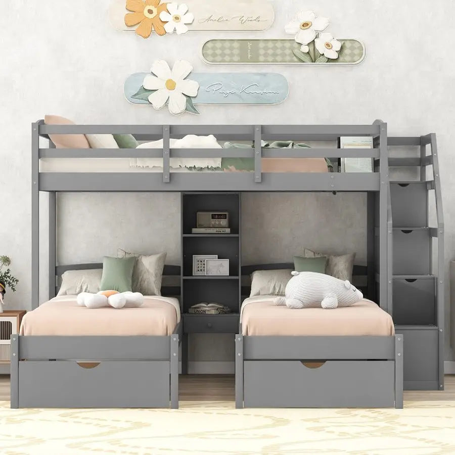 Triple Bunk Beds with Stairs and Storage Drawers