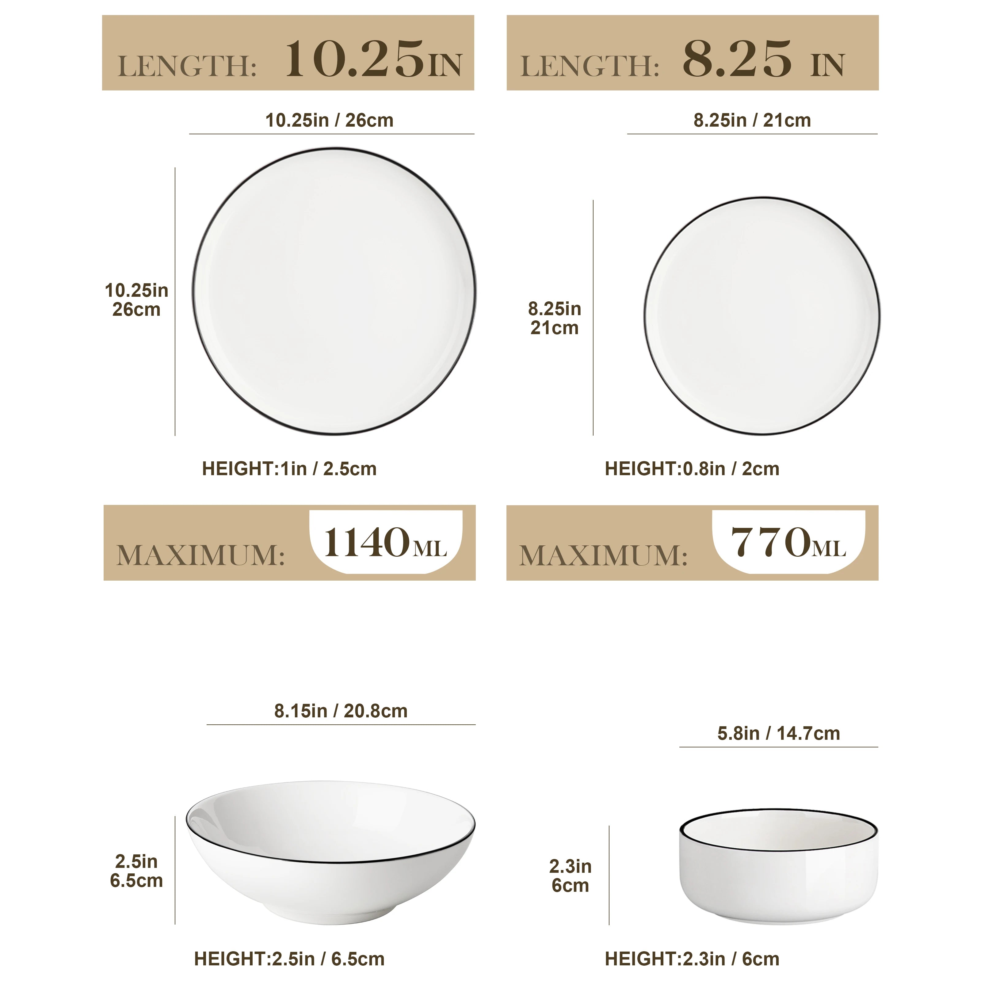 24/48Piece Ceramic Plates Black Rim Porcelain Dinnerware Set