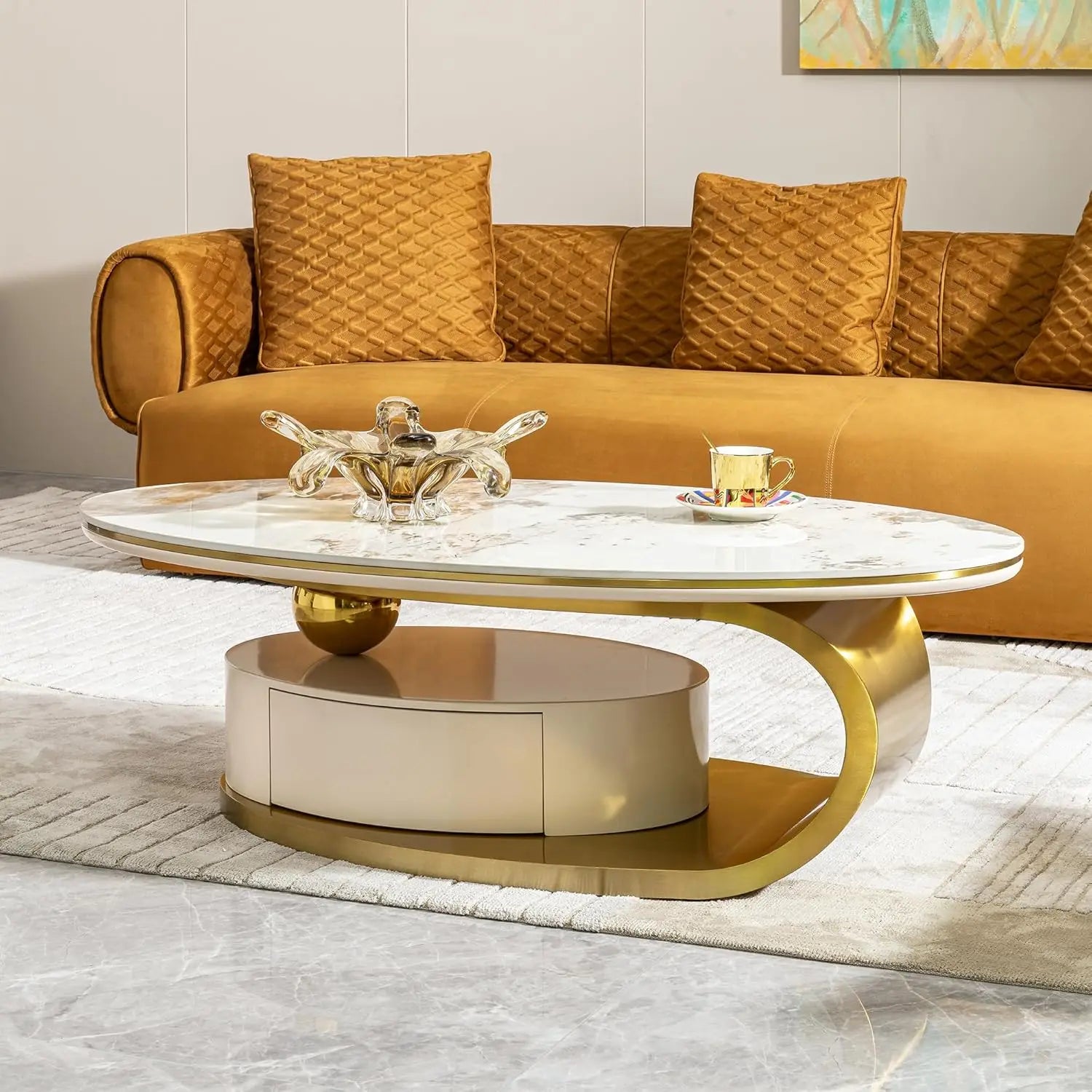 Modern Coffee Table with Silver Stainless Steel Pedestal