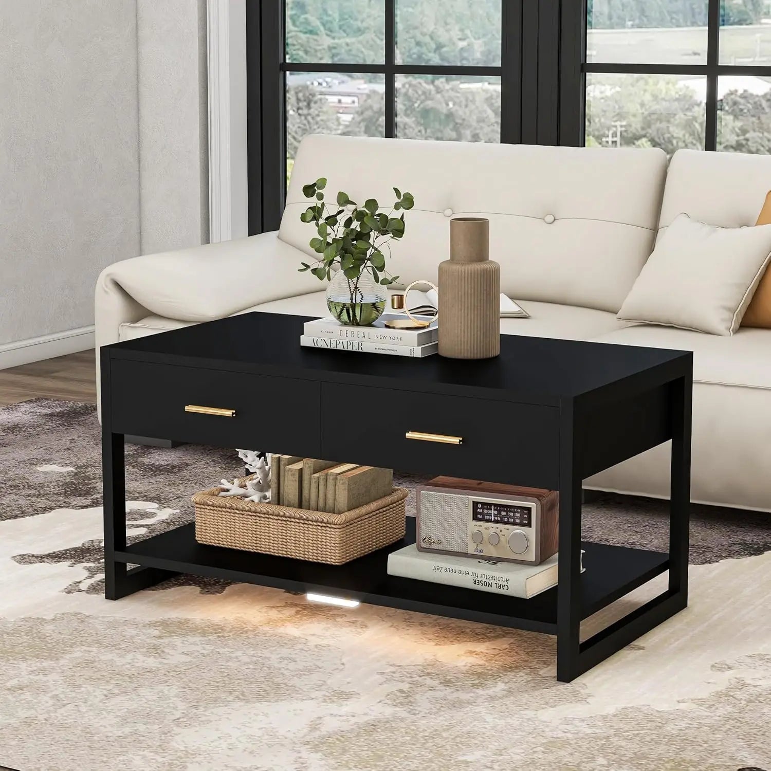 Sensor Light Storage Coffee Table with Drawers