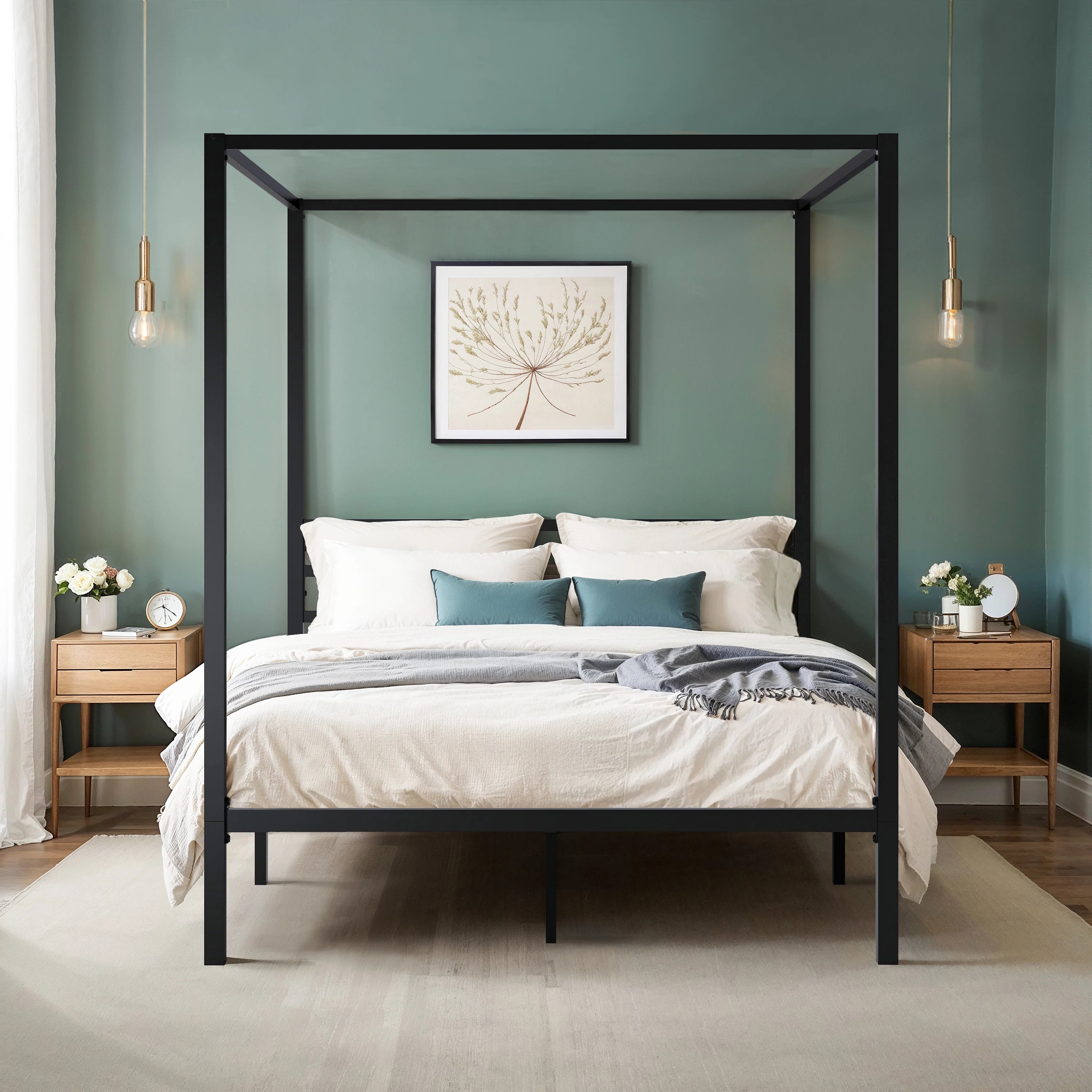 HOOMIC Canopy Bed Frame, 4-Poster, 3-Metal Crossbar,