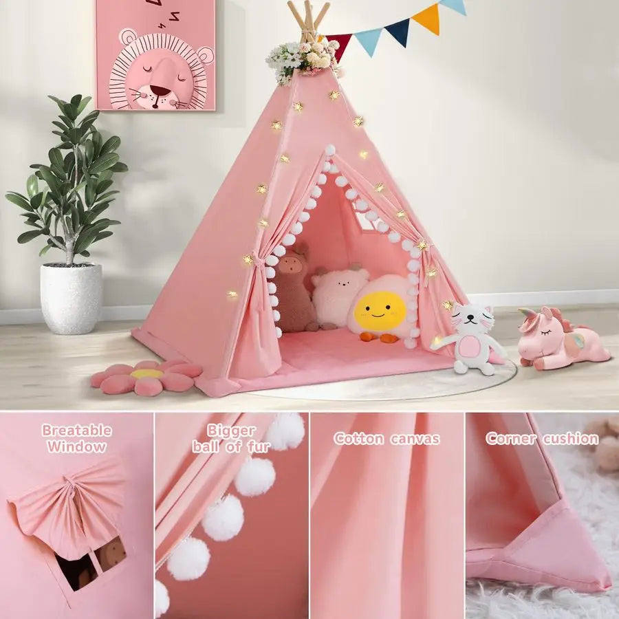 Padded Mat Cotton Canvas Kids Tent with Pompom