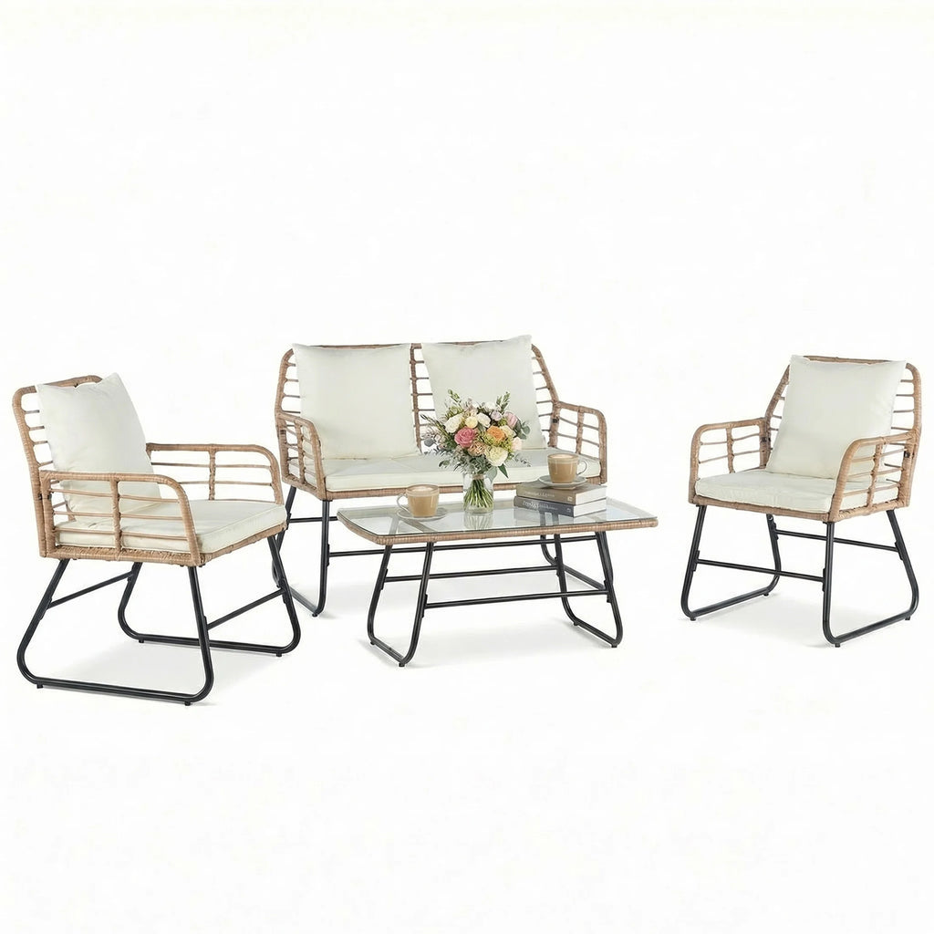 Outdoor Wicker Patio Furniture Set 4 with Soft Cushion and Glass Table