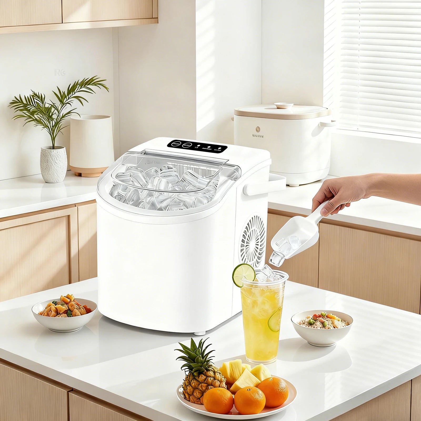Portable ice maker that produces 9 ice cubes in 6 minutes. Daily ice production capacity: 35 pounds.WHITE