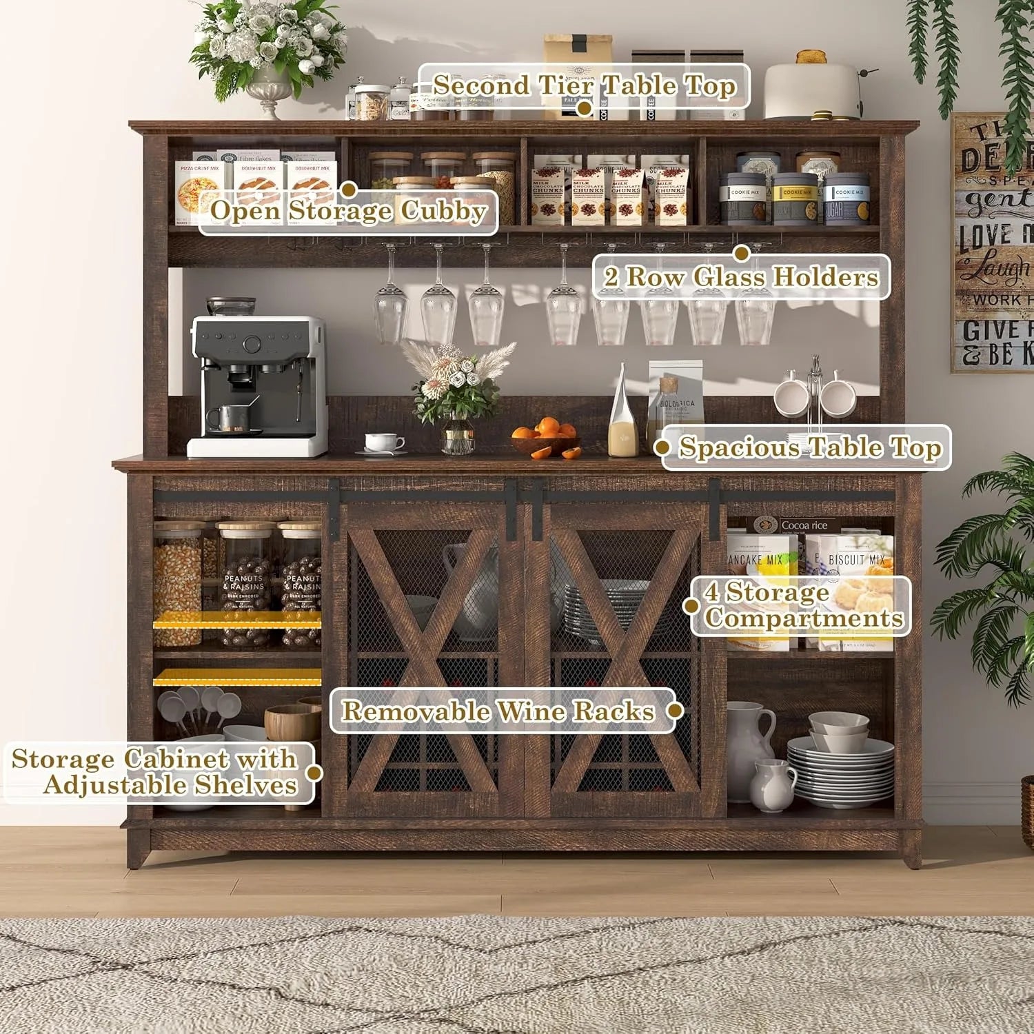 Farmhouse Coffee Wine Buffet Cabinet with LED