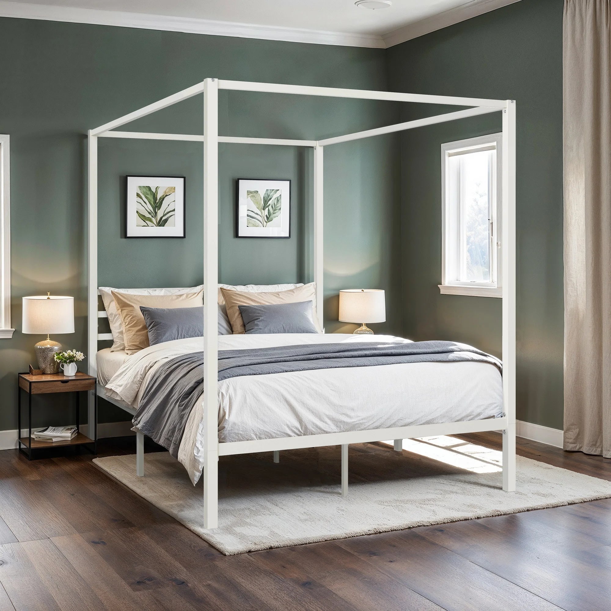 HOOMIC Canopy Bed Frame, 4-Poster, 3-Metal Crossbar,