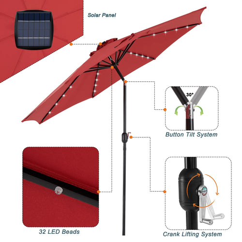 10FT Solar Patio Umbrella with 32 LED Lights