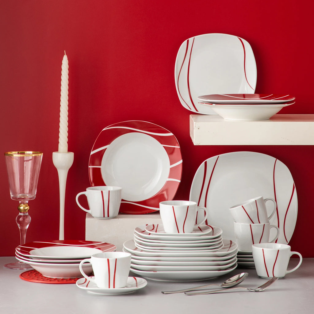 30 Piece Red Stripes Ivory White Porcelain Dinner Set